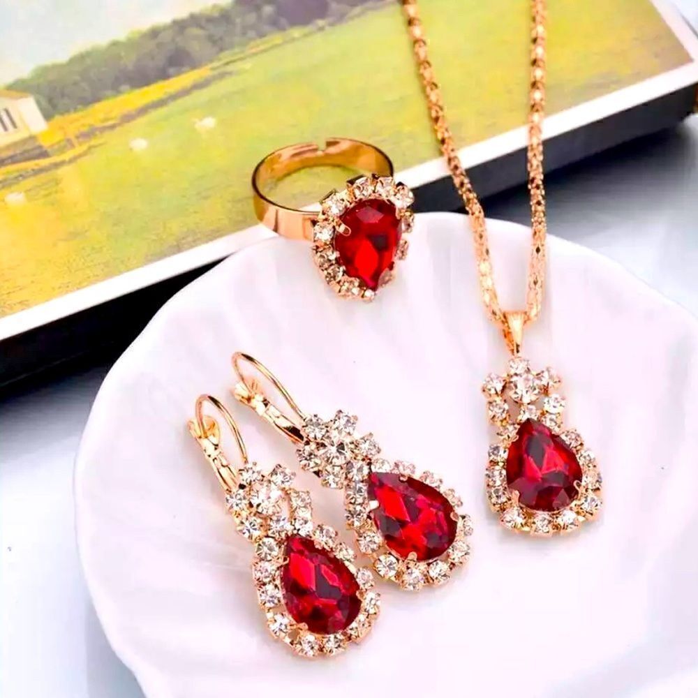 ❤️ Red Ruby  Gold Plated Crystal Rhinestones Jewelry Set